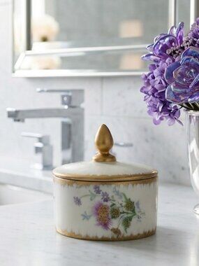 Vintage Floral Porcelain Lidded Candy Dish Gold Trim Enesco  4”